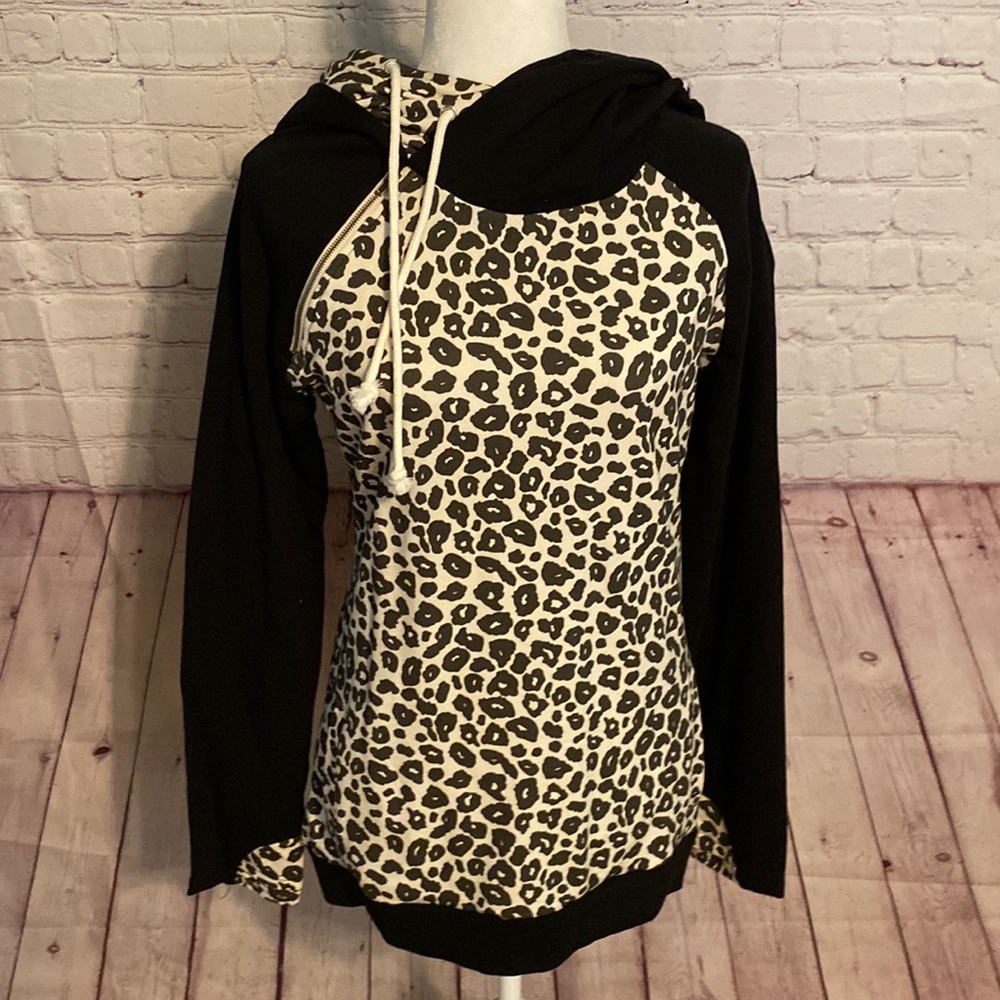Vanilla bay double hooded leopard print sweatshirt.